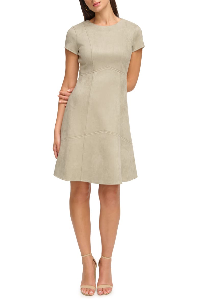 Scuba Knit Faux Suede Fit & Flare Dress, Main, color, SAGE