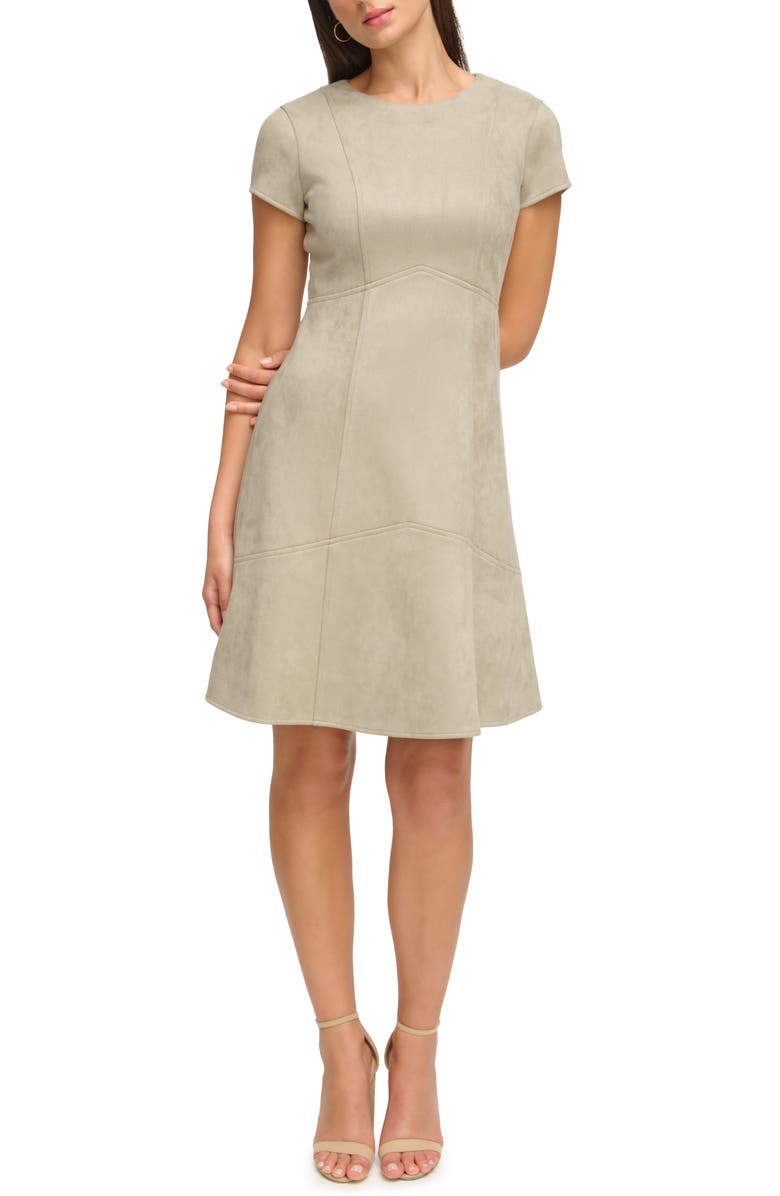 Kensie Scuba Knit Faux Suede Fit & Flare Dress, Main, color, Sage