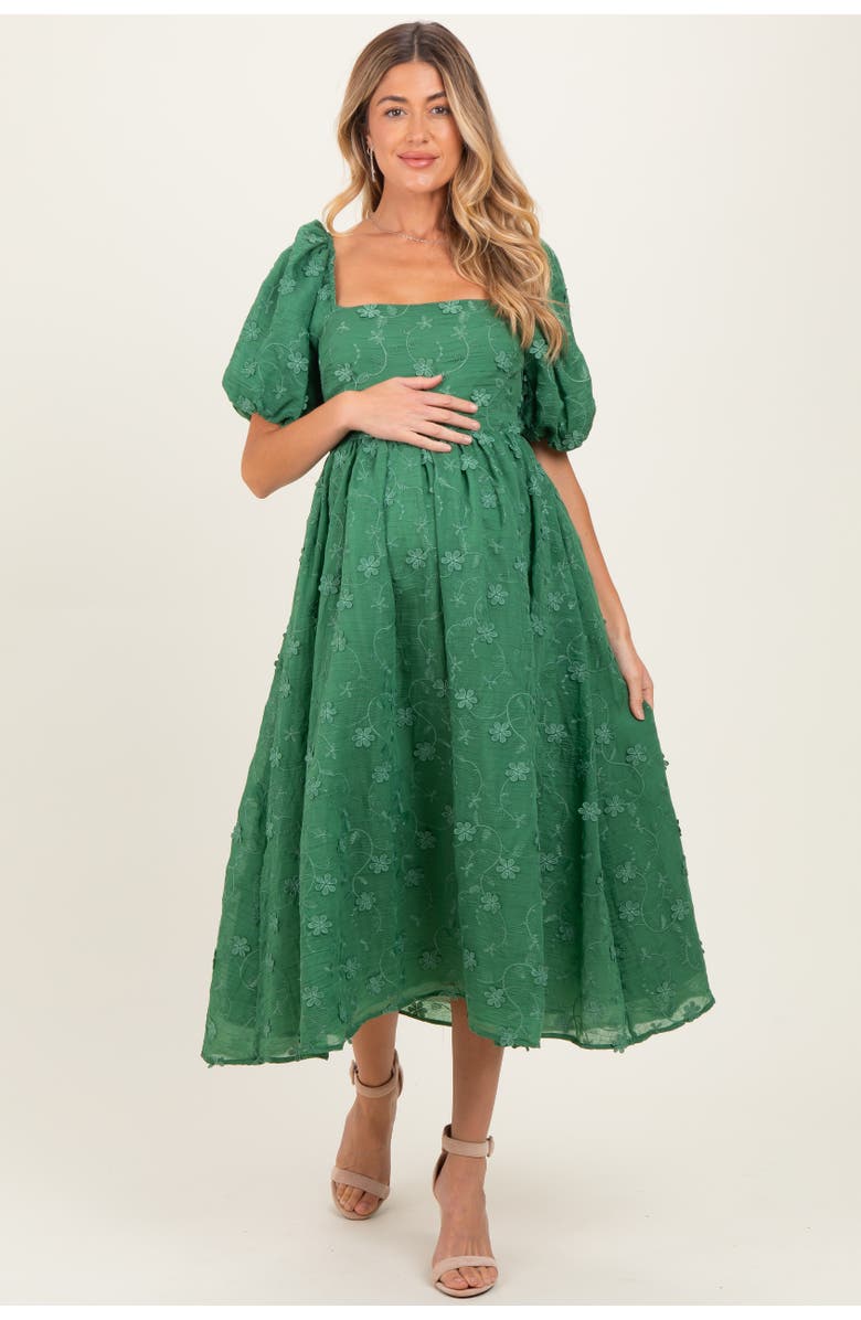 PinkBlush Embroidered Floral Puff Sleeve Midi Dress, Main, color, Forest Green