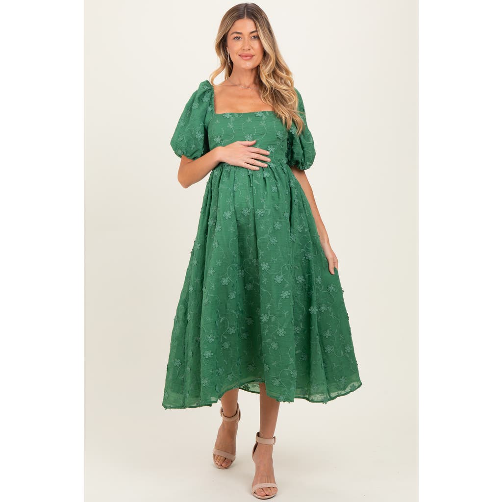 Pinkblush Embroidered Floral Puff Sleeve Midi Dress In Green