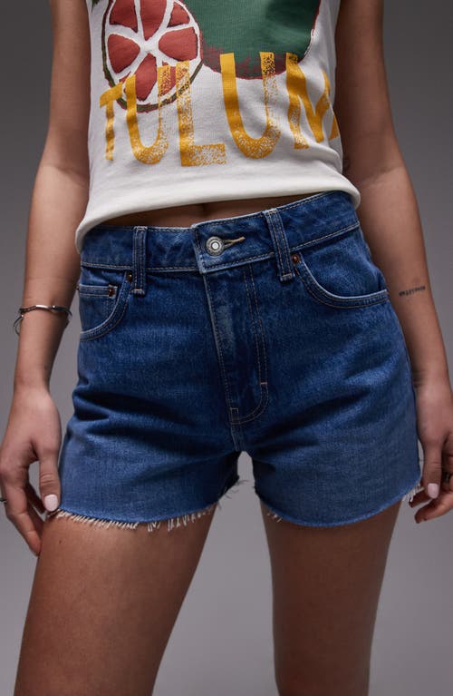 Topshop Raw Hem A-line Denim Shorts In Mid Blue