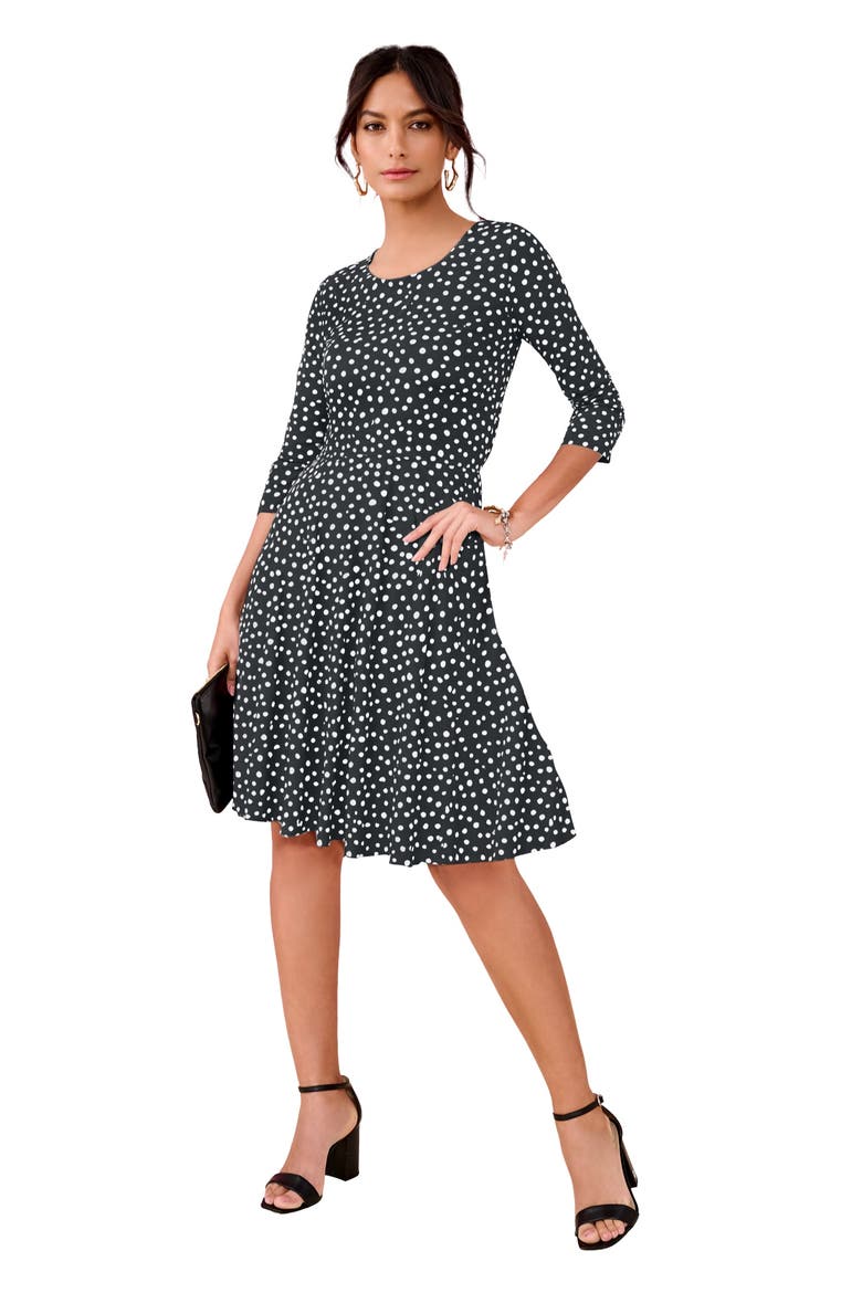 Plus Size Stretch Knit Fit And Flare Dress, Main, color, BLACK WHITE DOTS