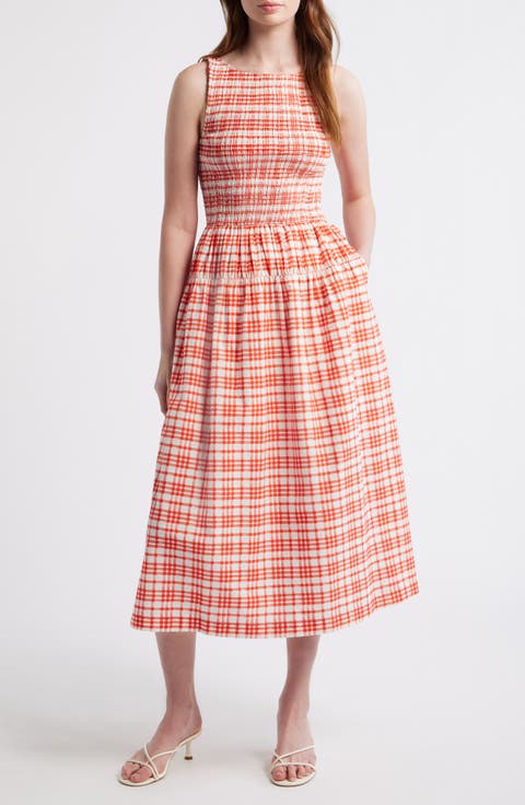 Smocked Plaid Sleeveless Midi Dress