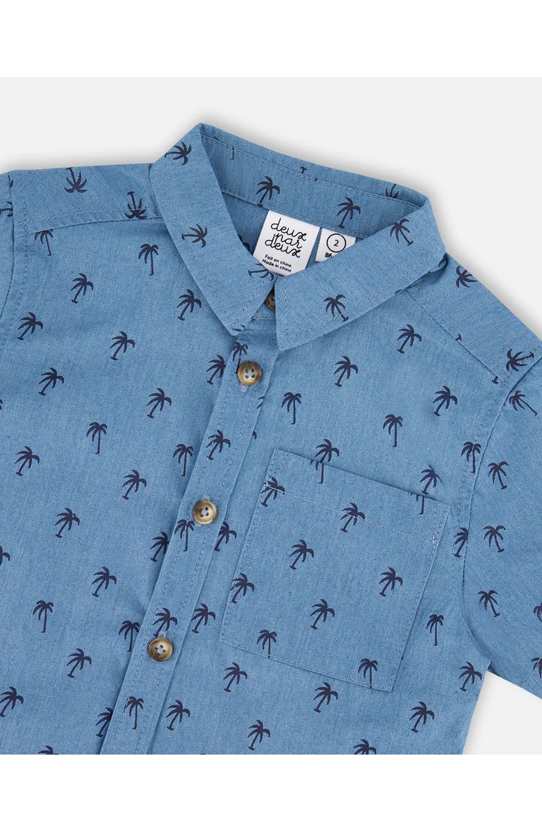 Deux par Deux Short Sleeve Palm Chambray Shirt, Alternate, color, Blue Chambray Palm Print