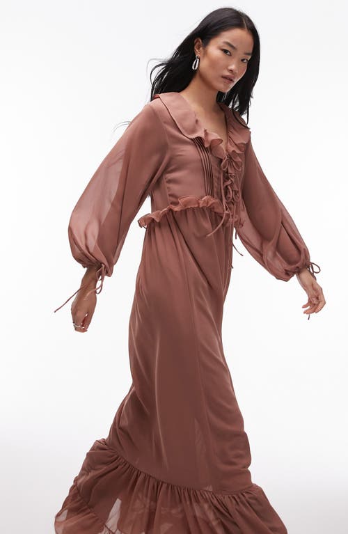 Topshop Ruffle Long Sleeve Chiffon Maxi Dress In Brown