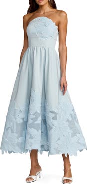 Mac Duggal Lace Strapless A Line Midi Dress With 3D Flowers