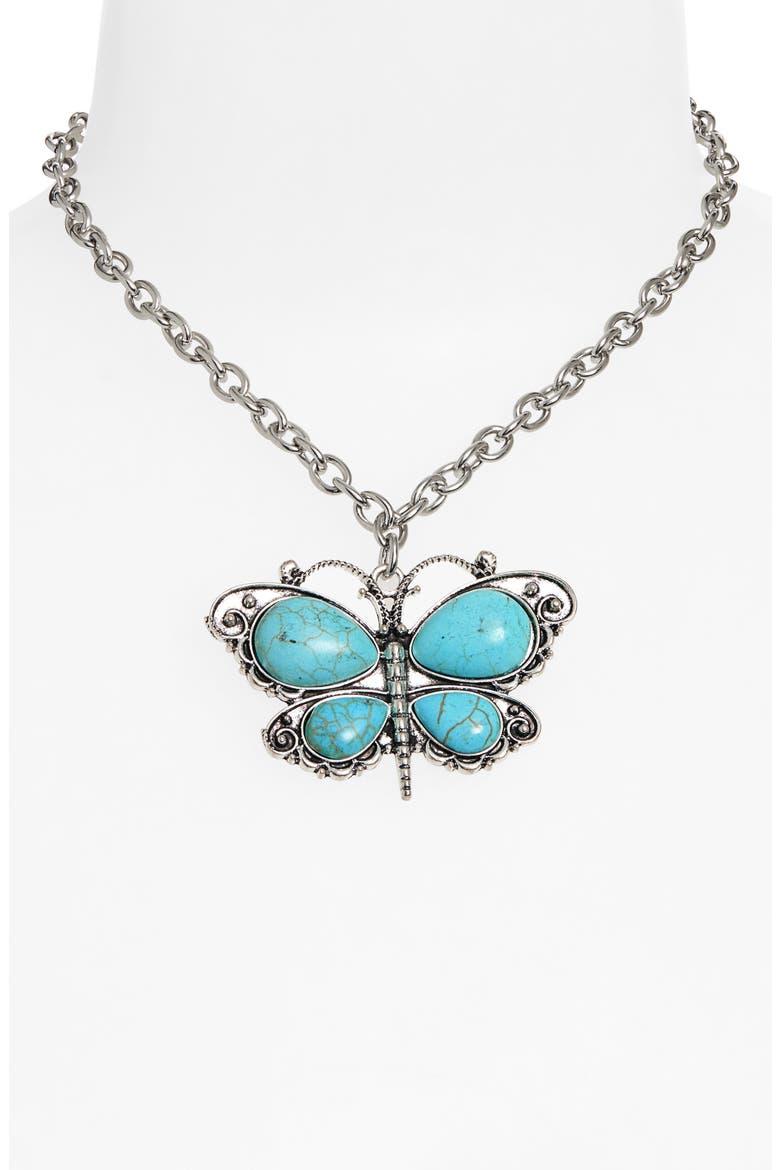 Imitation Turquoise Butterfly Pendant Necklace, Alternate, color, SILVER