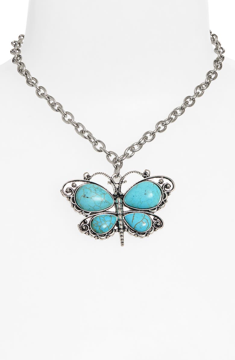 VIDAKUSH Imitation Turquoise Butterfly Pendant Necklace, Alternate, color, Silver