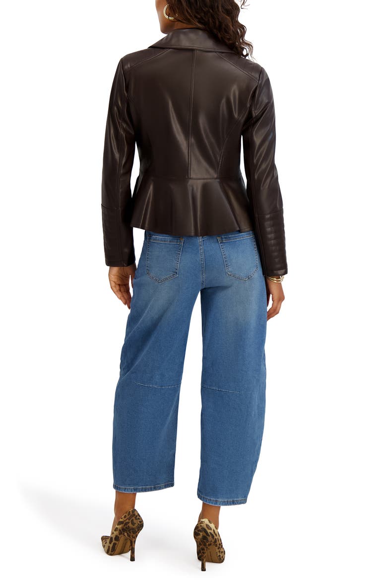 Peplum Back Faux Lether Moto Jacket, Alternate, color, CHOCOLATE
