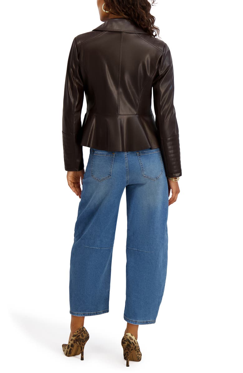 Kensie Peplum Back Faux Lether Moto Jacket, Alternate, color, Chocolate
