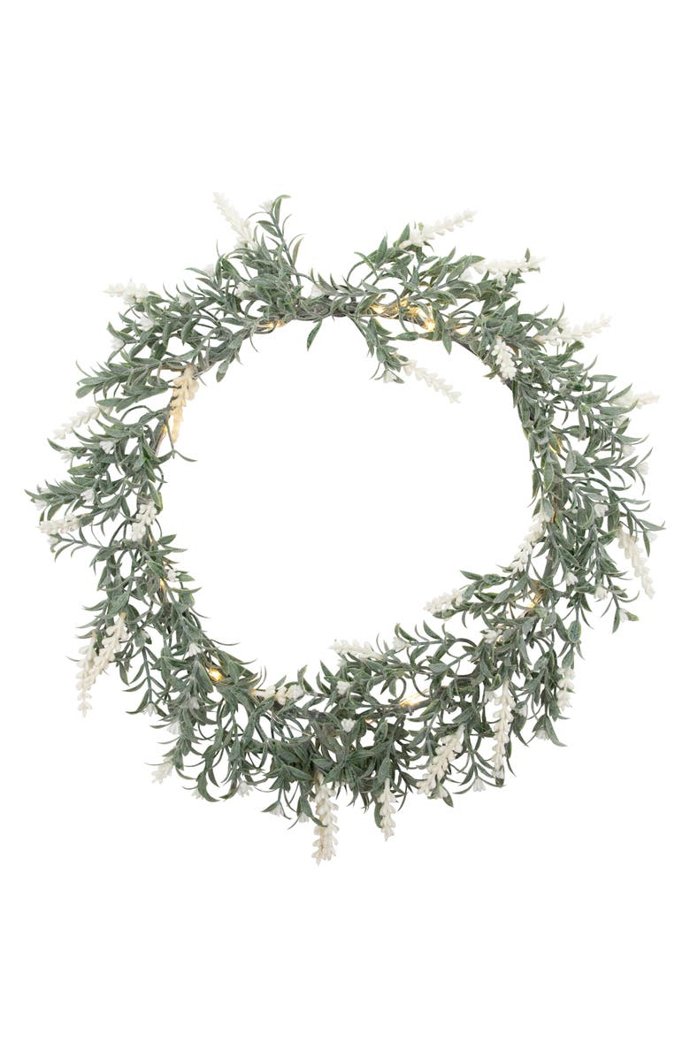 Northlight Pre-Lit Battery Operated White Lavender Spring Wreath - 16" - White LED Lights, Main, color, Green