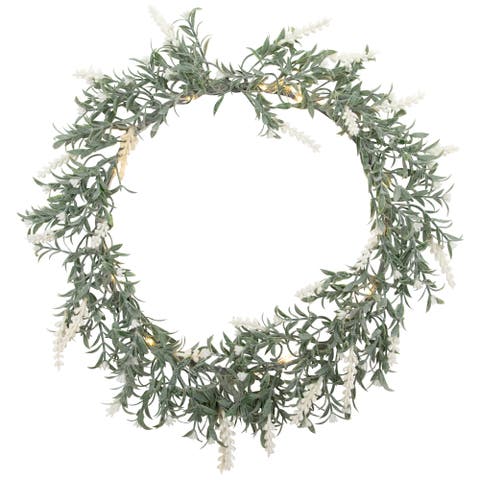 Pre-Lit Battery Operated White Lavender Spring Wreath - 16" - White LED Lights