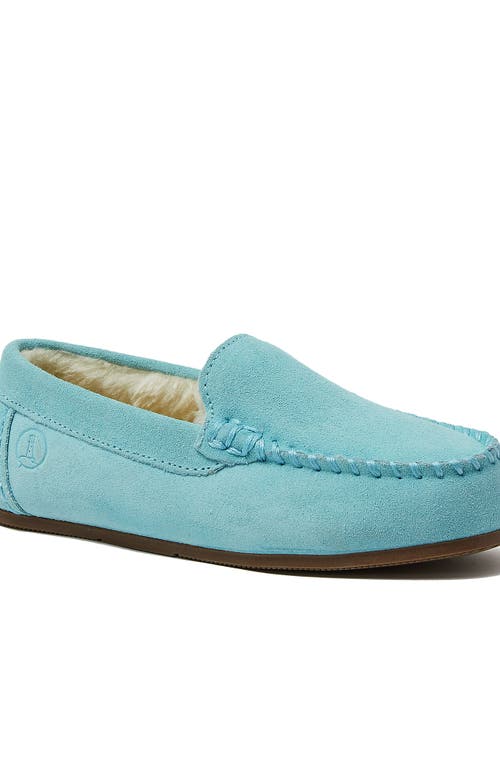 Lands' End Kids Fuzzy Lined Suede Moccasin Slippers In Pale Aqua Ice Suede