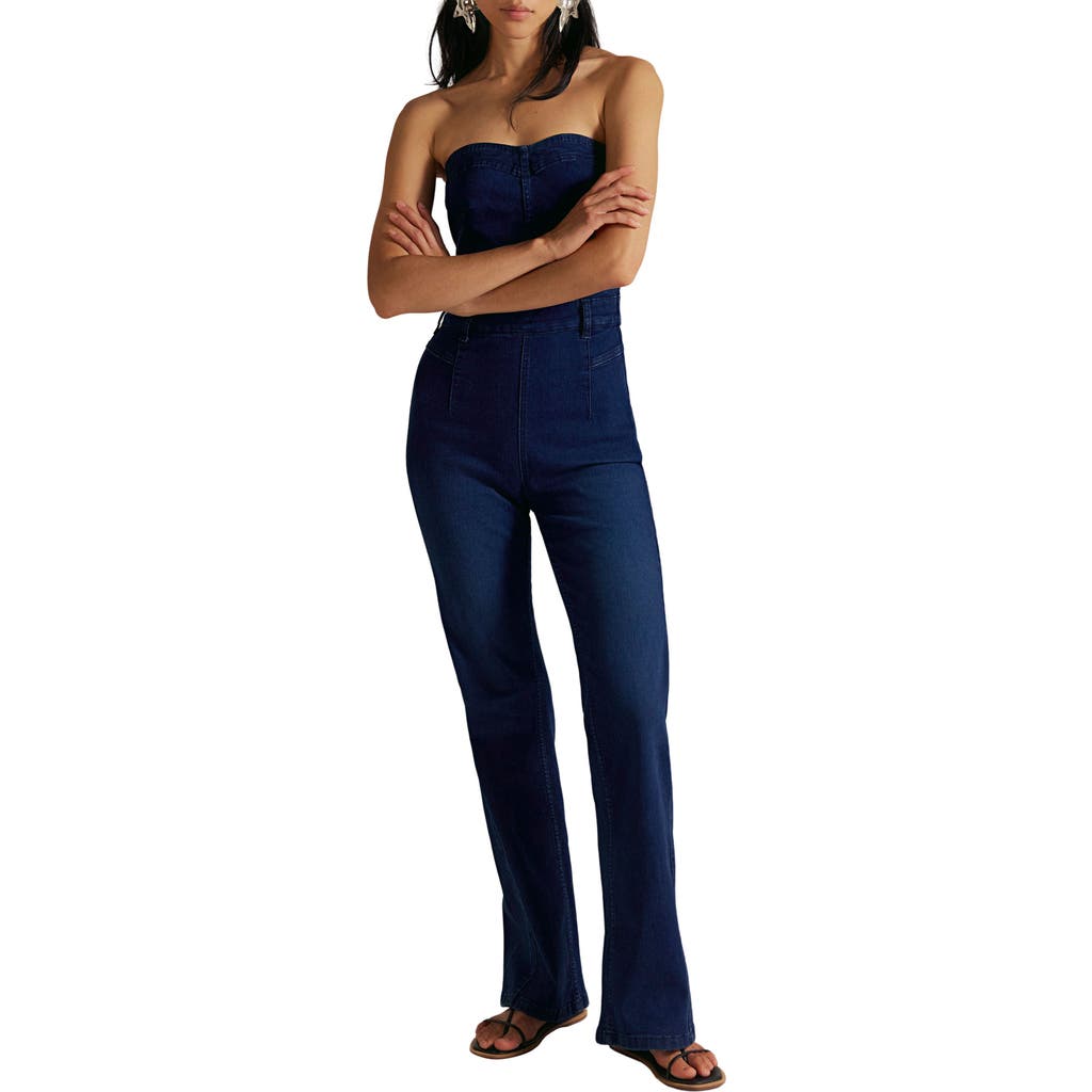 Free People Beckett Strapless Denim Jumpsuit In Blue