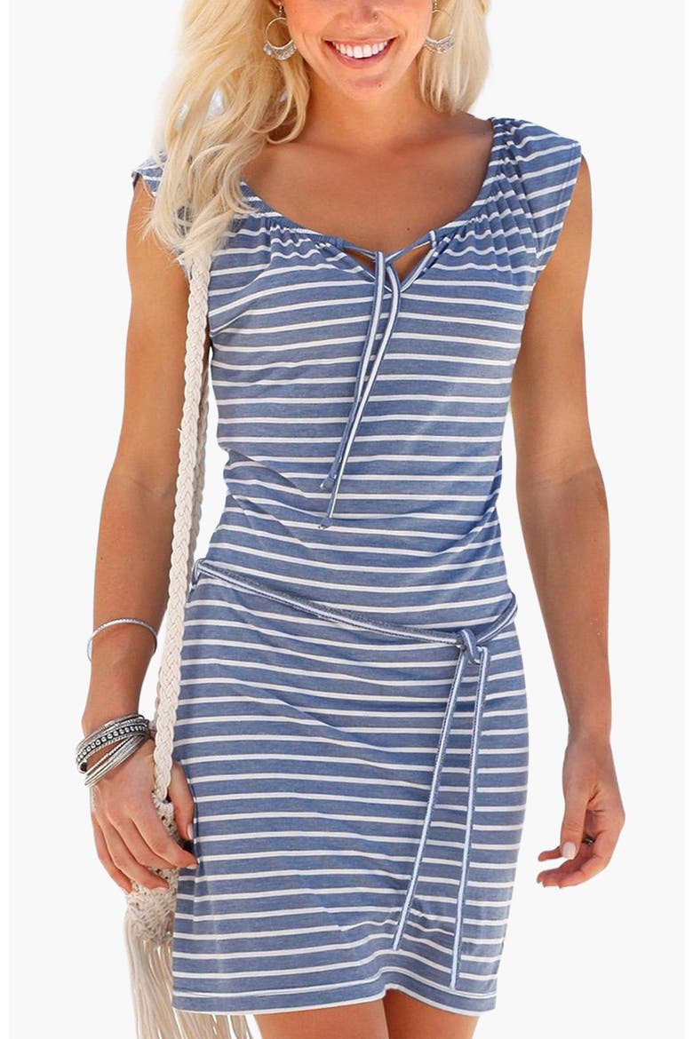 Women's Tie Neckline Dress, Main, color, Blue & White
