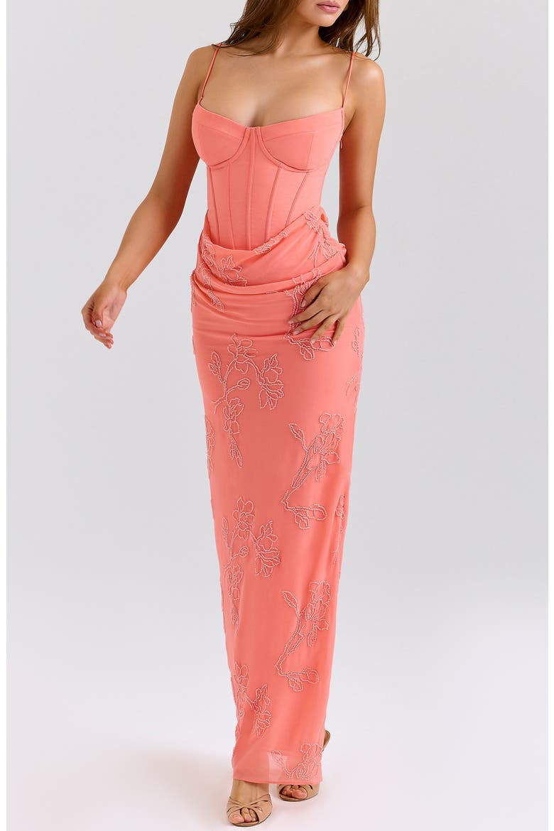 Carmella Hand Beaded Corset Gown, Alternate, color, CORAL