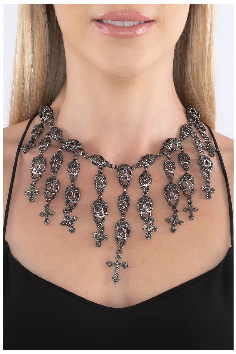 Skully Fringe Necklace, Alternate, color, DARK SILVER