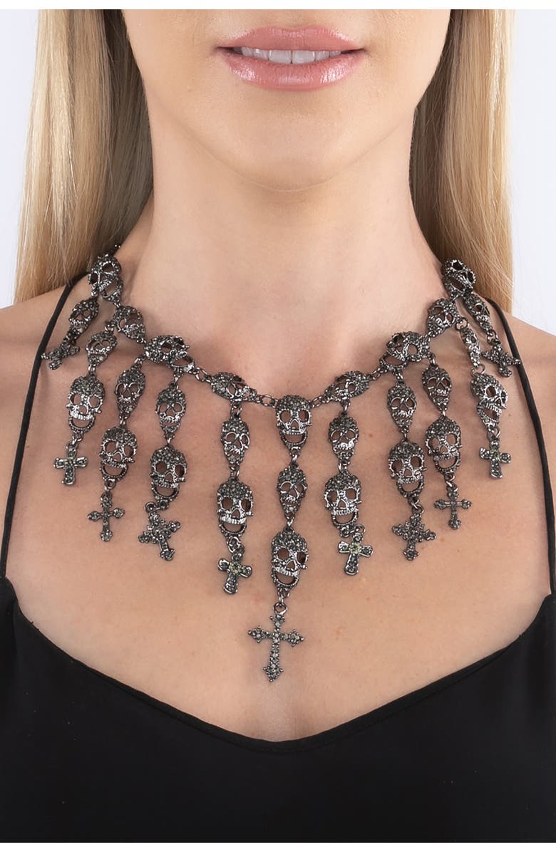 EYE CANDY LOS ANGELES Skully Fringe Necklace, Alternate, color, Dark Silver