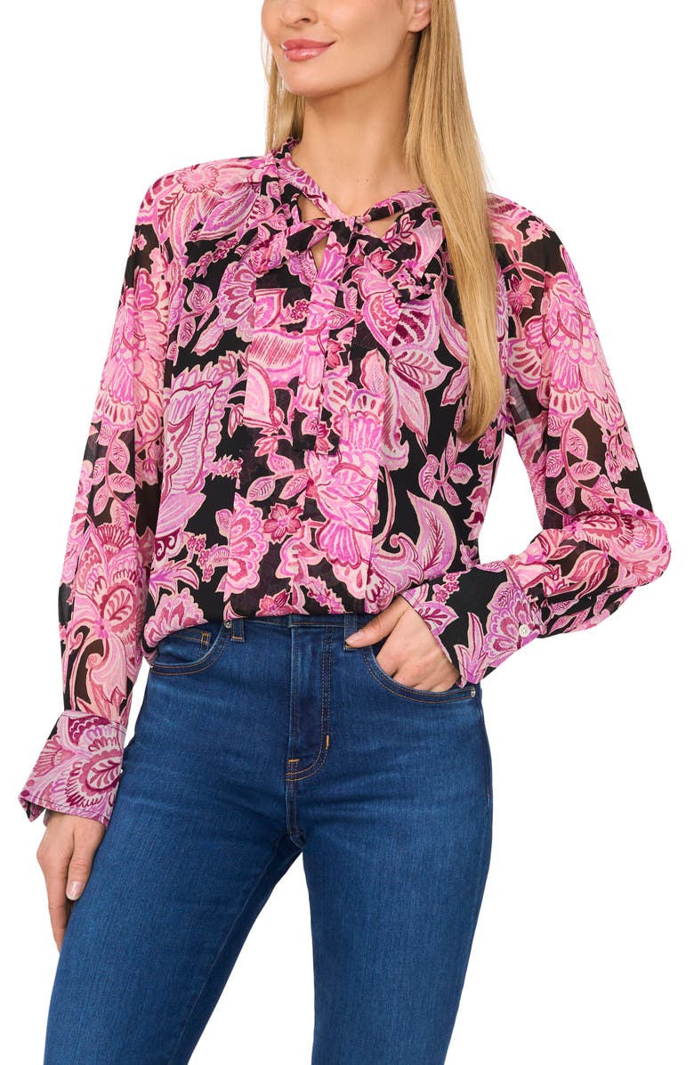 CeCe Floral Tie Neck Yoryu Top, Main, color,