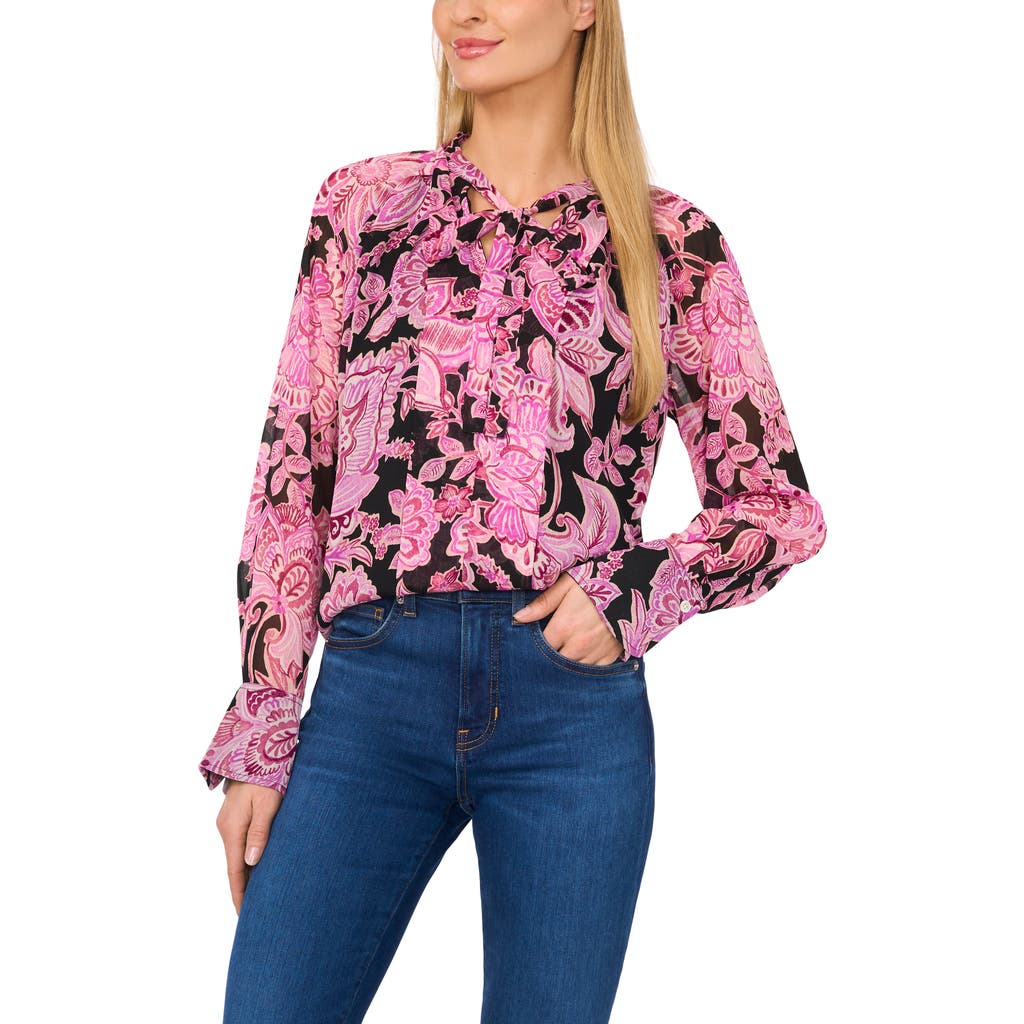 Shop Cece Floral Tie Neck Yoryu Top In Rich Black