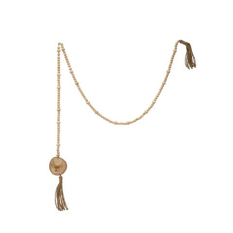 Paulownia Wood Bead Garland with Deer Icon & Tassels, Natural