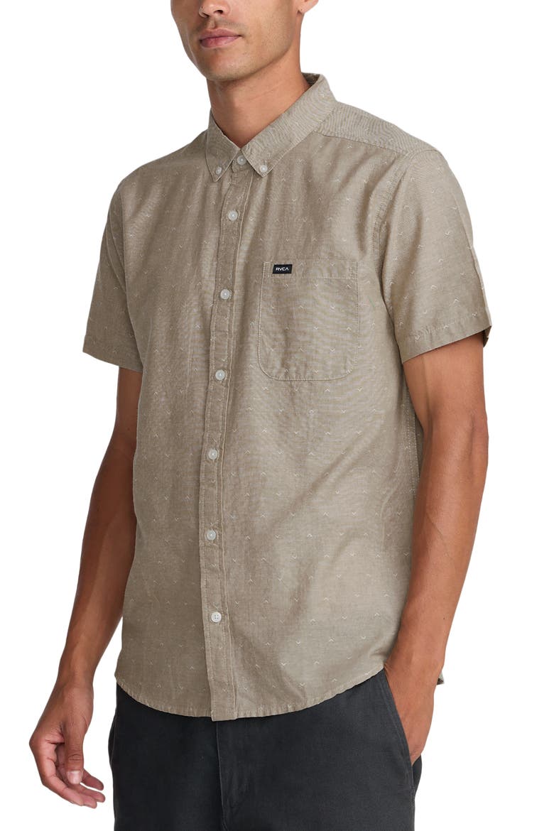 That'll Do Slim Fit Solid Short Sleeve Cotton Button-Down Shirt, Alternate, color, SAND