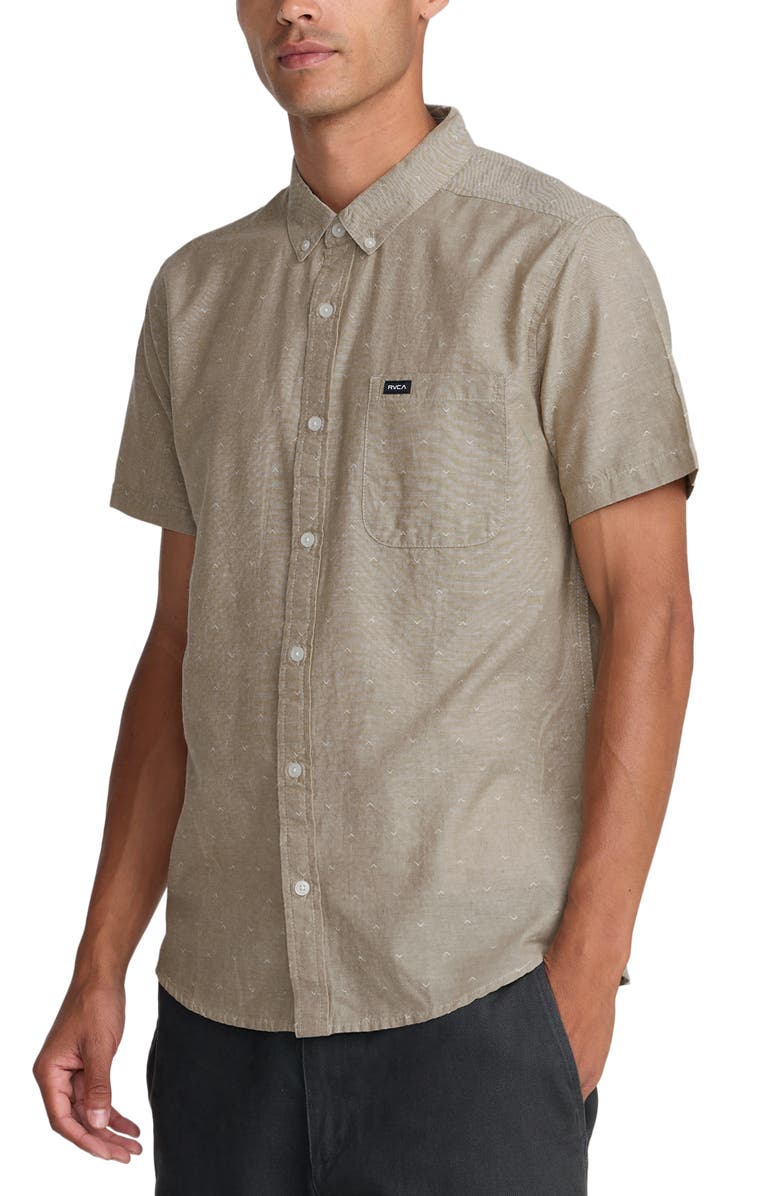 RVCA That'll Do Slim Fit Solid Short Sleeve Cotton Button-Down Shirt, Alternate, color, Sand