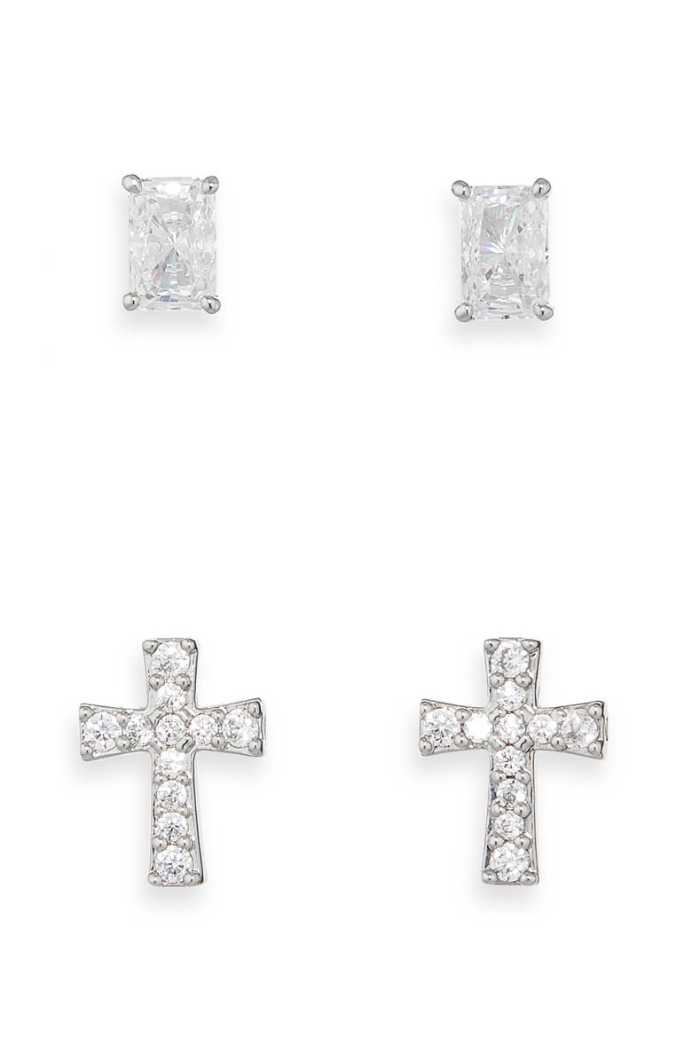 Nadri Cross & Baguette Cut Stud Earrings Set, Alternate, color, Rhodium
