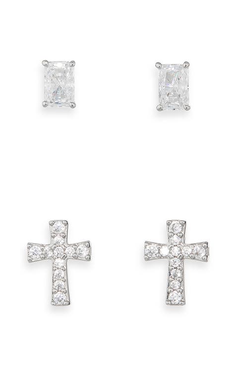 Cross & Baguette Cut Stud Earrings Set