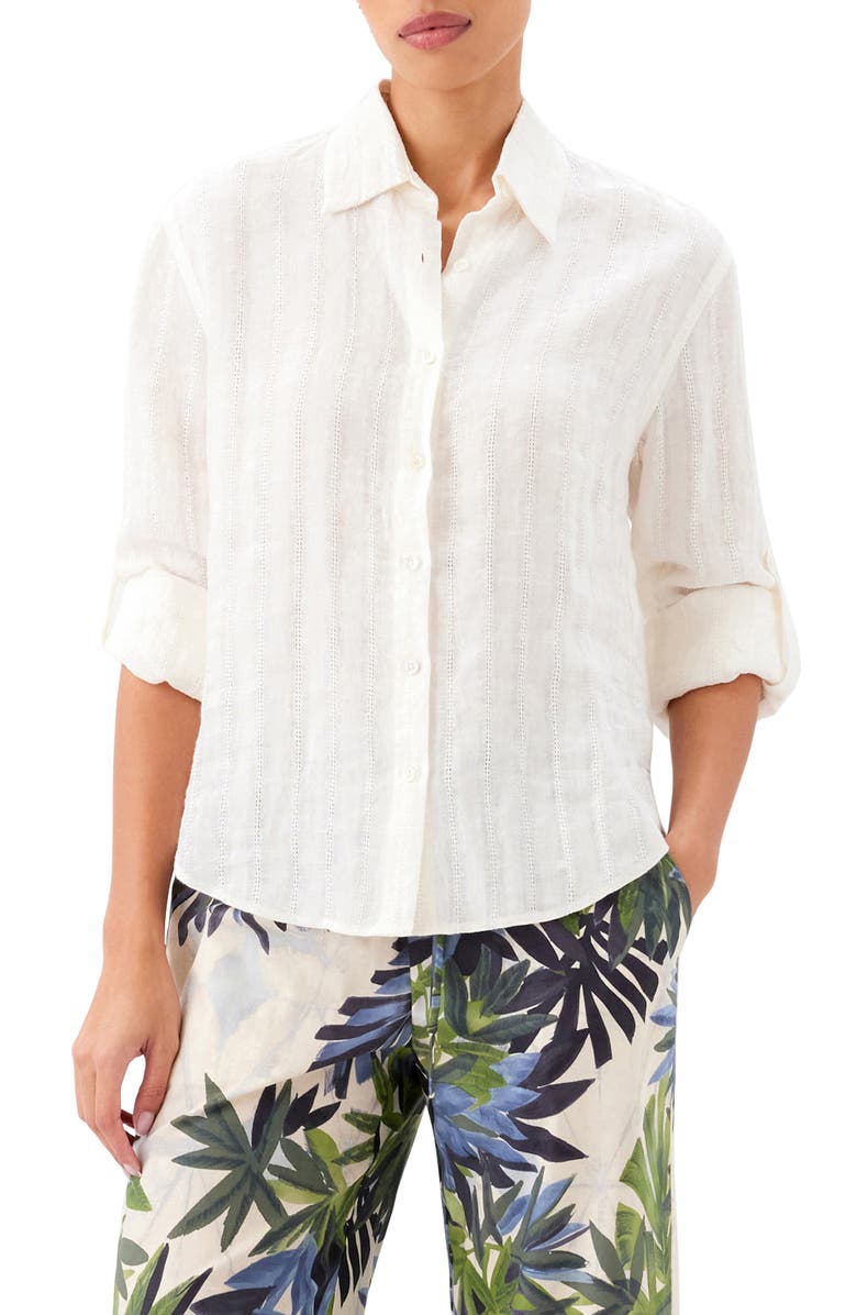 Karen Kane Stripe Linen Button-Up Shirt, Main, color, Cream