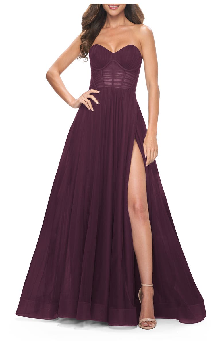 La Femme Strapless Sweetheart A-Line Corset Prom Dress, Main, color, Dark Berry