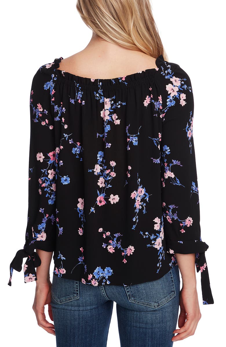 CeCe Watercolor Daisies Square Neck Tie Cuff Crepe Top, Alternate, color,