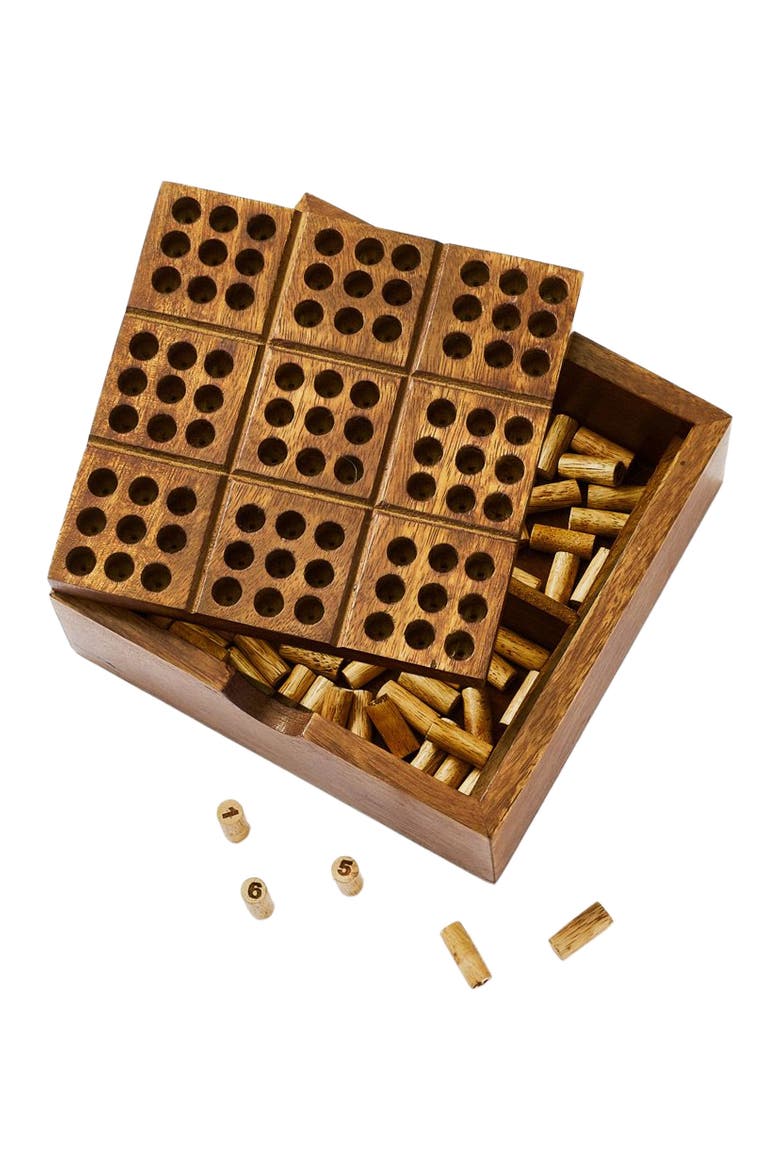 Sudoku Wooden Peg Game - Hand Carved Wood, Main, color, Brown