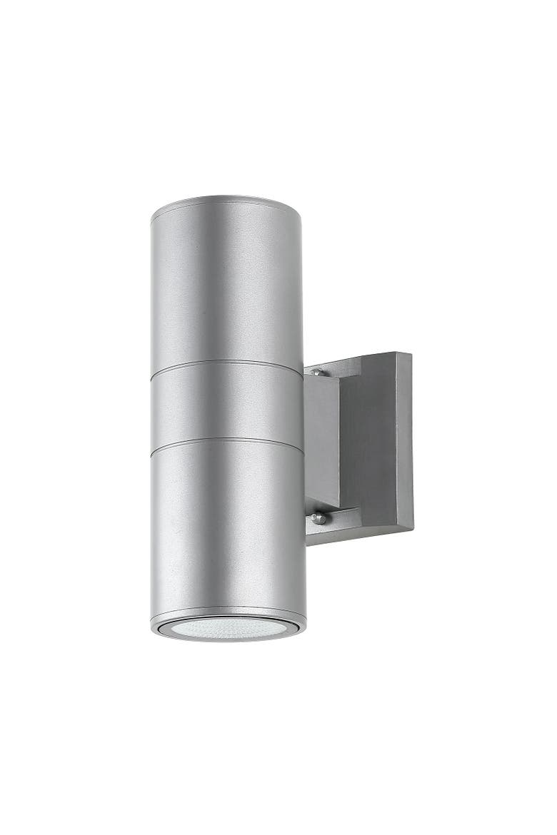 Duo 2-Light Modern Midcentury Cylinder Outdoor Metal/Glass Integrated LED Sconce with Uplight, Alternate, color, Silver