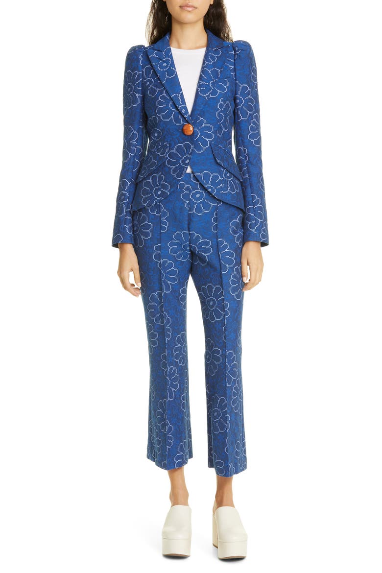 Abstract Floral Puff Sleeve Blazer, Alternate, color, INDIGO FLORAL
