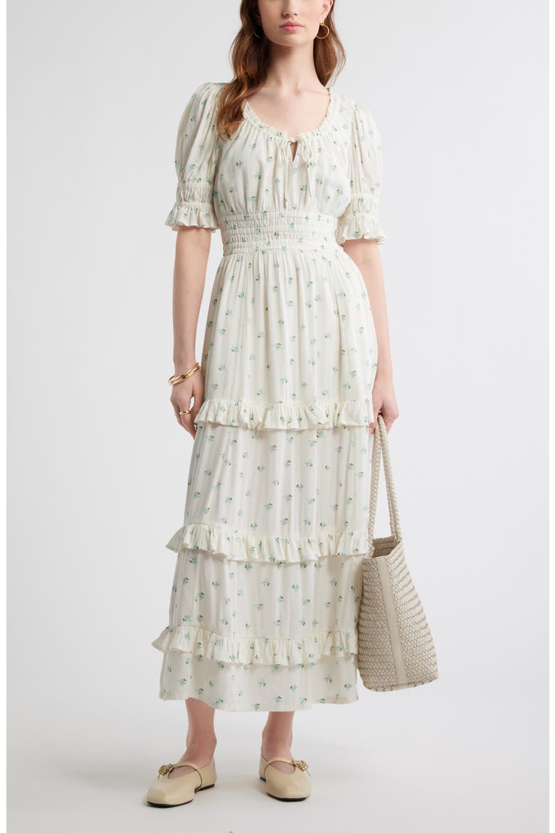 Smock Waist Ruffle Trim Tiered Maxi Dress, Alternate, color, IVORY- BLUE GARDEN DITSY