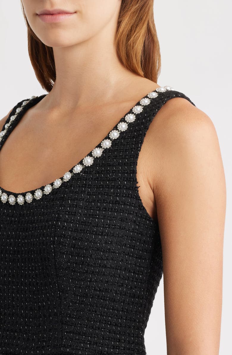 Eliza J Faux Pearl & Crystal Detail Sleeveless Metallic Tweed Dress, Alternate, color, Black