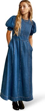 Ro&Zo Denim Short Puff Sleeve Midi Dress