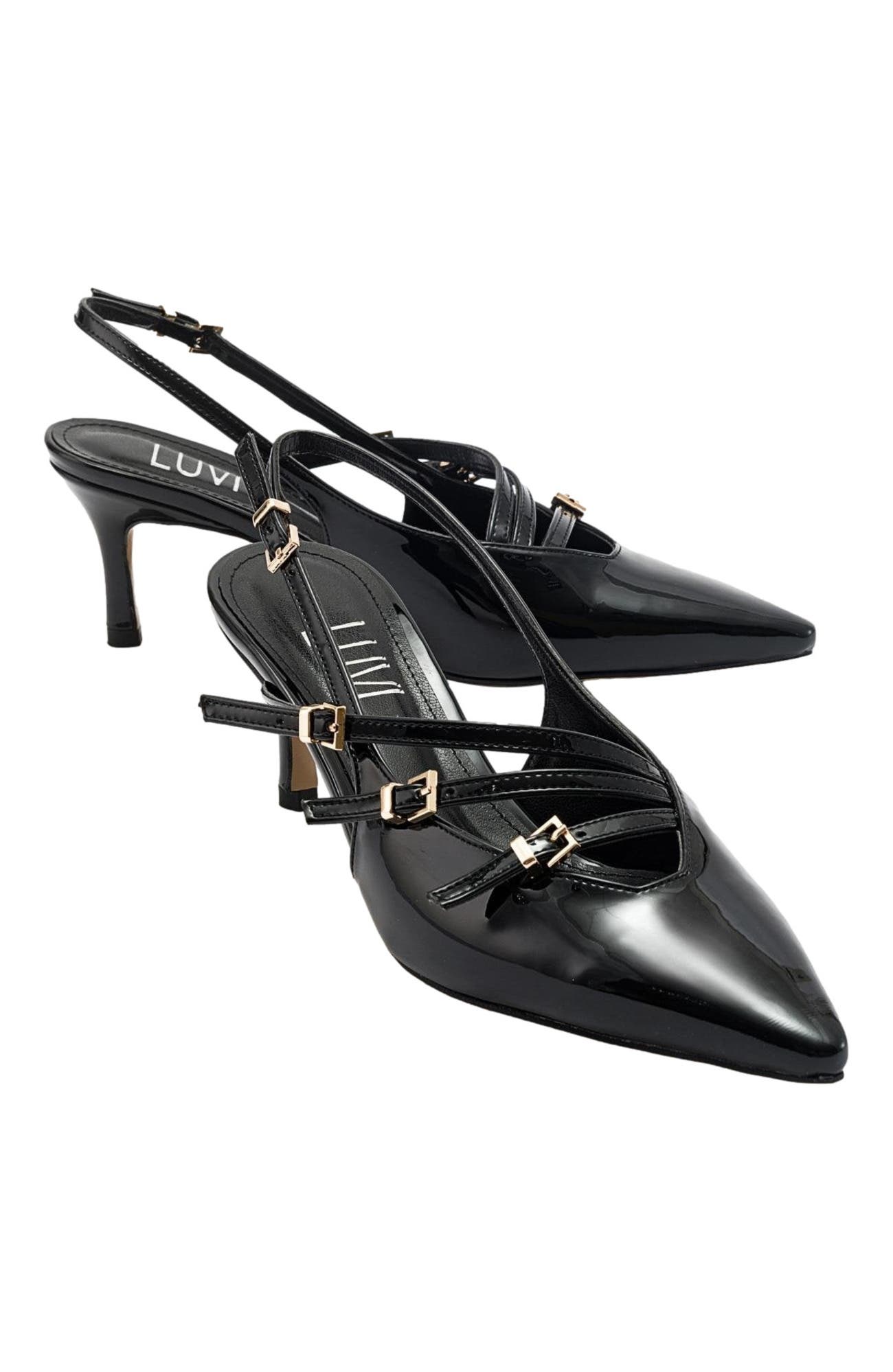 Prologue Shoes Magra Pointed-Toe Slingback Stiletto, Main, color, Black Patent Faux Leather