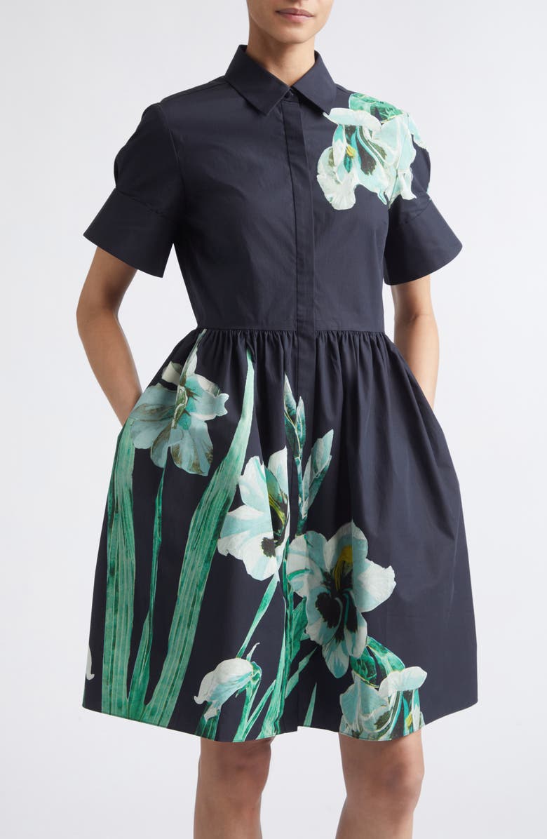 Erdem Floral Print Cotton Shirtdress, Alternate, color, Mirrored Orchid Navy