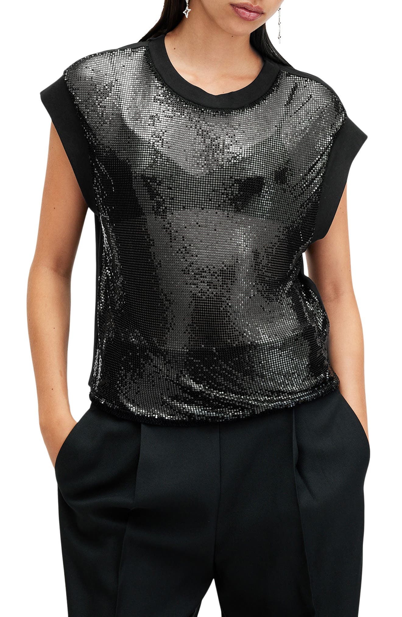 AllSaints Shane Mixed Media Chainmail Top