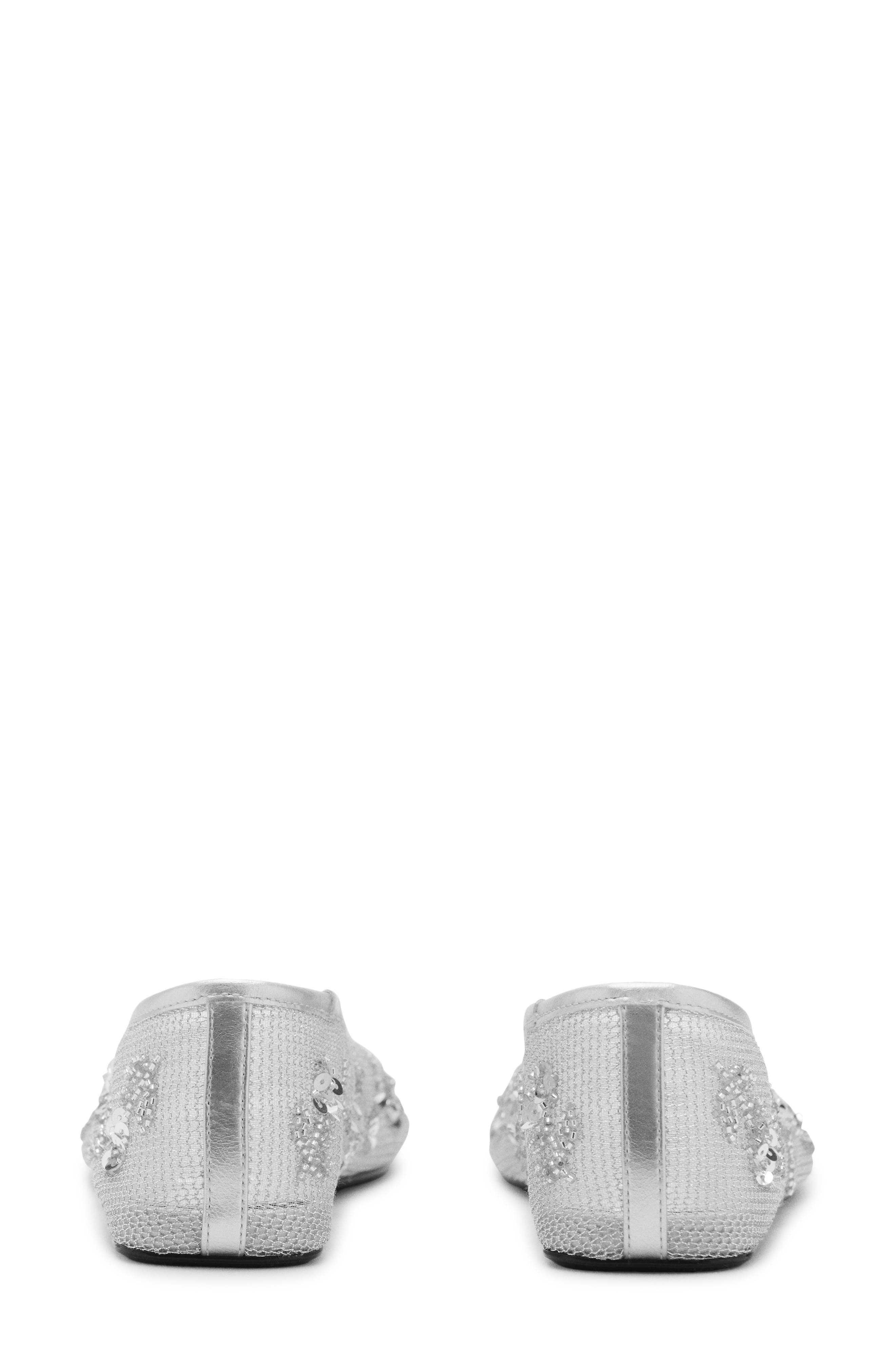 MANGO Floral Embellished Mesh Ballet Flat, Alternate, color, Silver