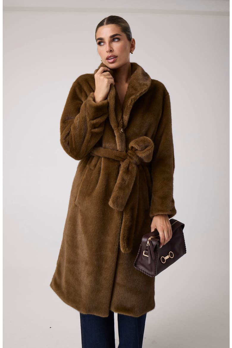 Monique Faux Fur Belted Coat, Alternate, color, OPEN BROWN