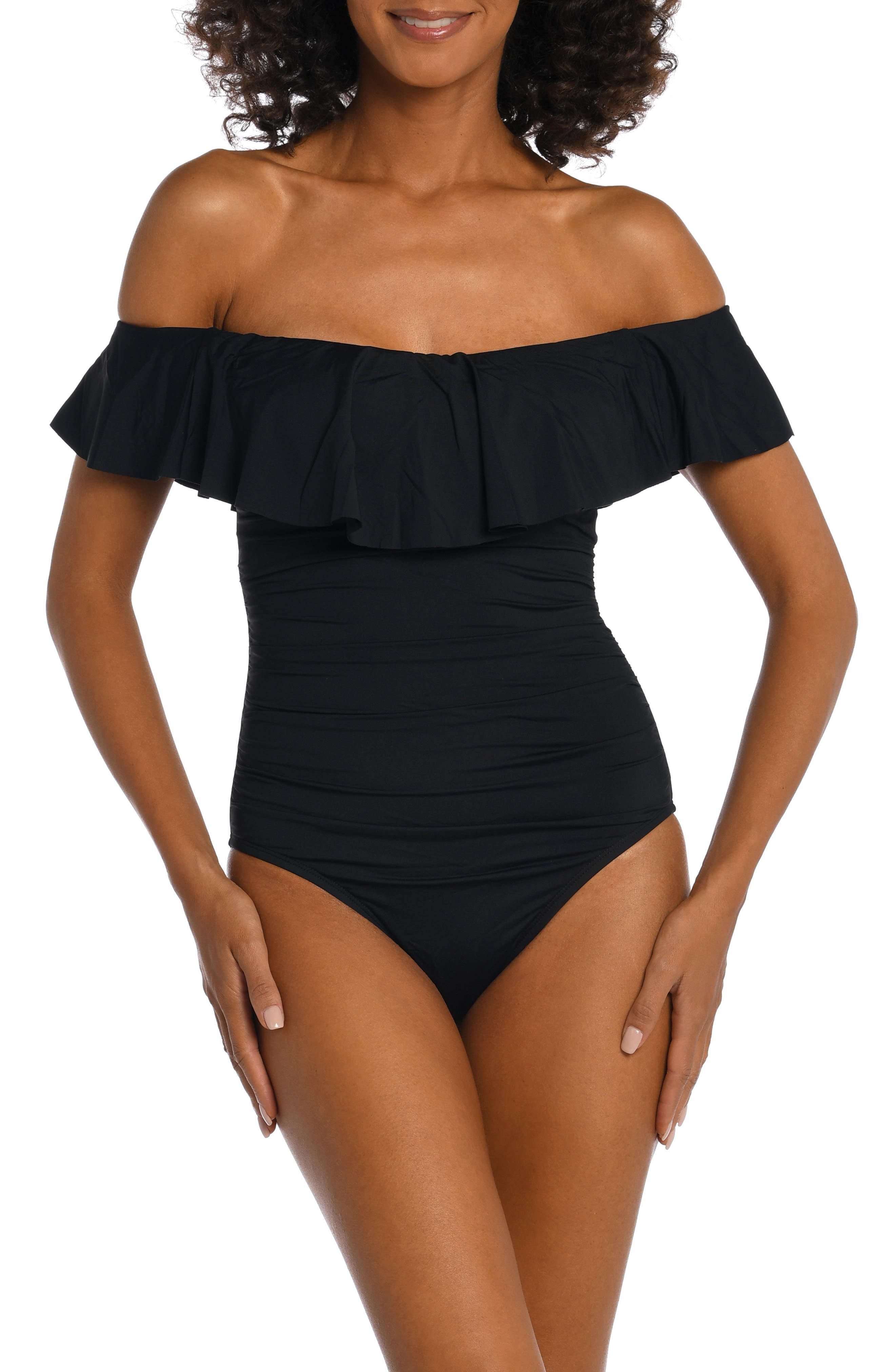 ruffle off the shoulder swim top