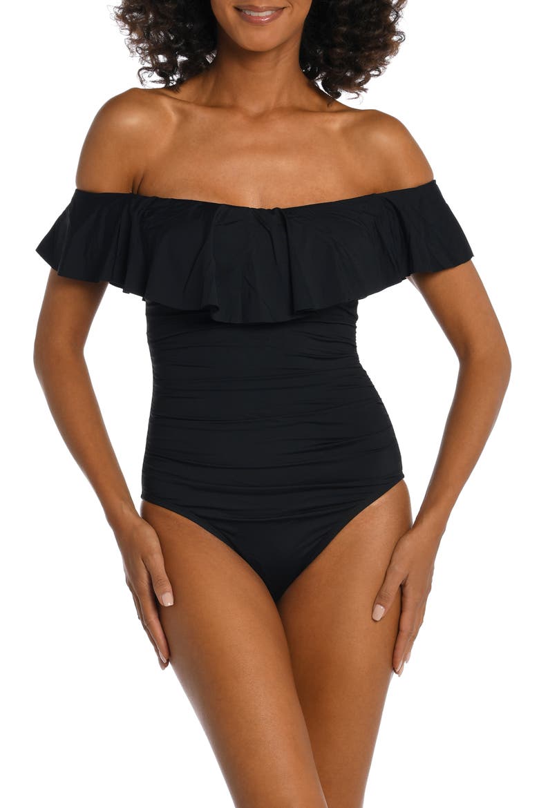 Off the Shoulder One-Piece Swimsuit, Main, color, BLACK