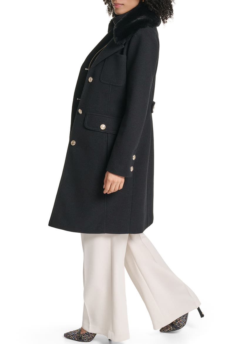 Faux Fur Collar Walker Coat with Bib, Alternate, color, BLACK
