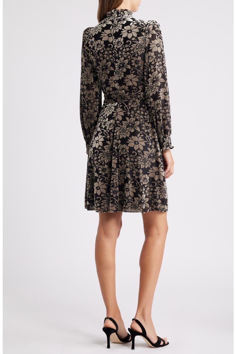 Floral Burnout Belted Long Sleeve Dress, Alternate, color, BLACK SILVER