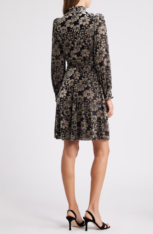 Eliza J Floral Burnout Belted Long Sleeve Dress In Black Silver