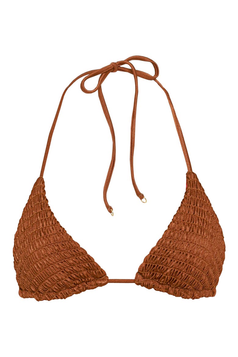 Golden Sand Balmy Smocked Triangle Bikini Top, Alternate, color, BROWN