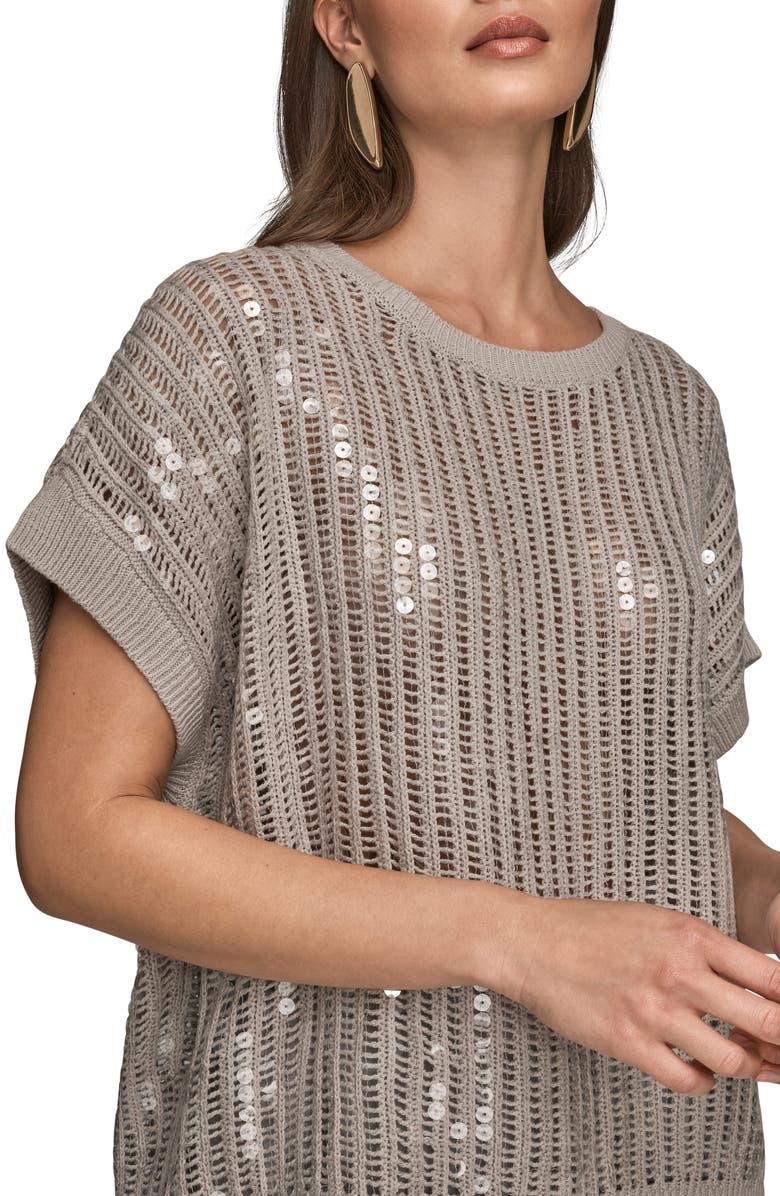Donna Karan New York Sequin Open Stitch Short Sleeve Sweater, Alternate, color, Vapor
